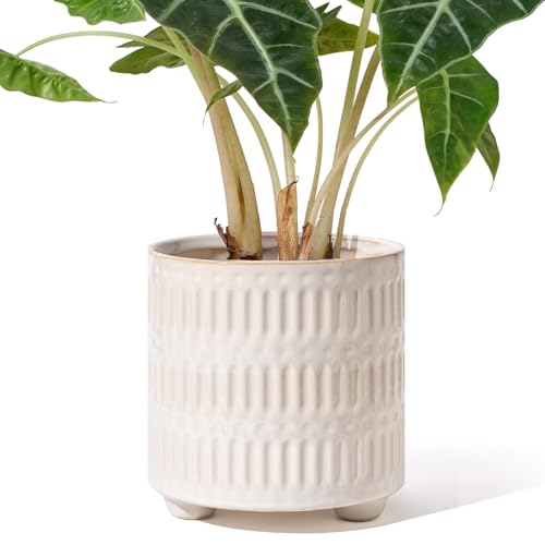STHIE 5 Inch Ceramic Planters for Indoor Plants, White Cactus Snake Plant Pots with Drainage, Unique Design Round Flower Pot for Home Decoration