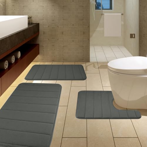 Memory Foam Bath Mat Set - 3 Piece Non-Slip Ultra Soft & Super Absorbent Bathroom Rugs Machine Washable Grey Floor Mats for Comfort & Safety