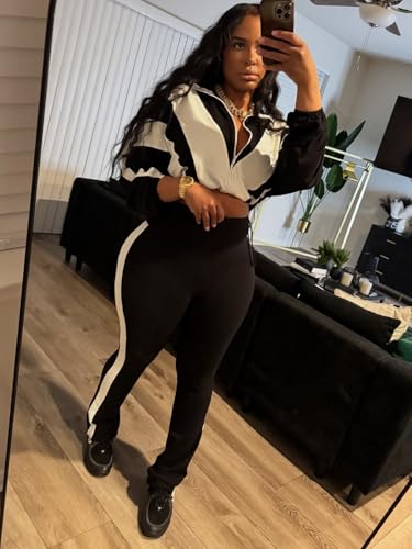 Womens Sweatsuits 2 Piece Set Contrast Color Long Sleeve Zip Up Cropped Jacket Leggings Pants Jogger Track Suits2