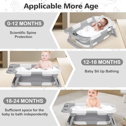 wiwens Collapsible Baby Bathtub for Newborn with Thermometer and 1 Soft Floating Cushion, Portable Travel Bathtub with Drain Hole, Durable Foldable Baby Tubs for Infants to Toddler Applicable 0-36 Month - Image 6