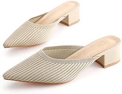 TIJN Pointed Toe Mules for Women Chunky Sandals Low Heeled Sandals Breathable Mesh Knit Slip on Flat Shoes(Helka) Cream