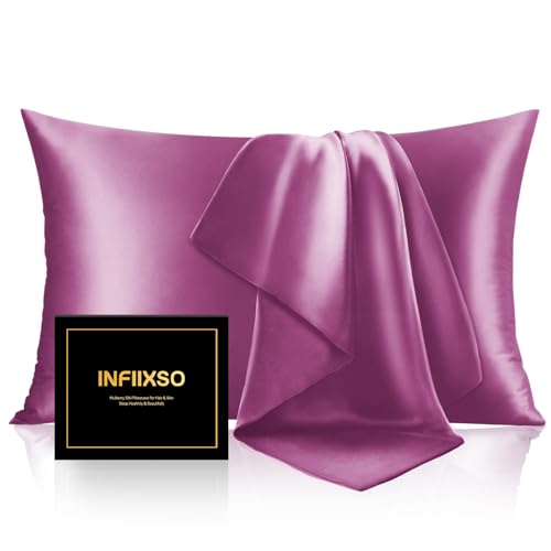 Image of INFIIXSO Mulberry Silk Pillowcase for Hair and Skin, Silk Pillow Cases Standard Size with Hidden Zipper 20x26 Inches, Ultra Smooth and Soft Cooling Pillow Cases for Hot Sleepers(Purple, 1 Pack)