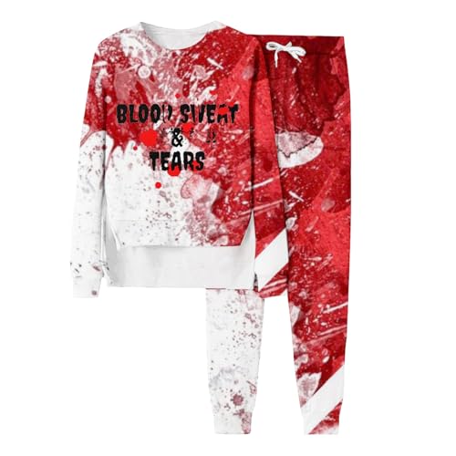 Tracksuit Damen Baggy, Pulli und Jogginghose, Sweatshirt Anzug Horror Blood Trainingsanzug-Set Rund Ausschnitt 2 Teilige Sweatsuit Locker Lässiger Hausanzug Mode Halloween Sport Outfit Running