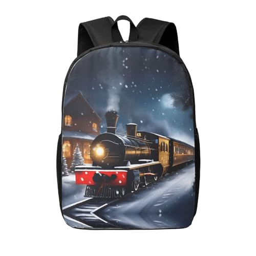 Mochila informal de invierno con estampado navideño de nieve y ferrocarril nocturno