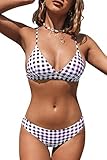 Herausnehmbare Softpads CUPSHE Damen Bikini Set Triangel Bikini Überkreuzte Träger Karomuster Brazilian Bademode Zweiteiliger Badeanzug Violett kariert M