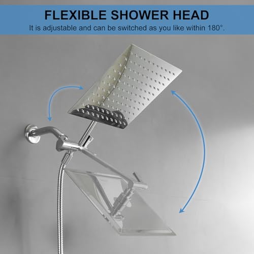 BWE 10 Inch Rain Shower Head with 9 Settings Handheld Spray Combo High Pressure Double Shower Head with 11\" Extension Arm Stainless Steel Height/Angle Adjustable Showerhead,Polished Chrome