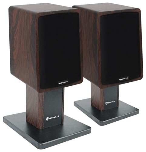 Image of Rockville ELITE-5D Bundle: Dark Wood 800W 5.25" Bluetooth Bookshelf Speakers, Pair RHT8D Monitor Desktop Stands, 2 Items