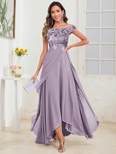 BONOYUER Sequin Mother of The Bride Dresses for Women Off The Shoulder High Low Chiffon Wedding Guest Dress4