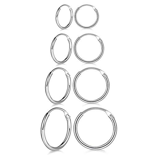 PRETTERY Silver Hoops Earrings for Women, 4 Pairs White Gold Plated Hoop Earrings Set, Sterling Silver Hypoallergenic Sleeper Cartilage Earrings Sets, Thickness 1.2mm, Diameter 8mm 10mm 12mm 14mm