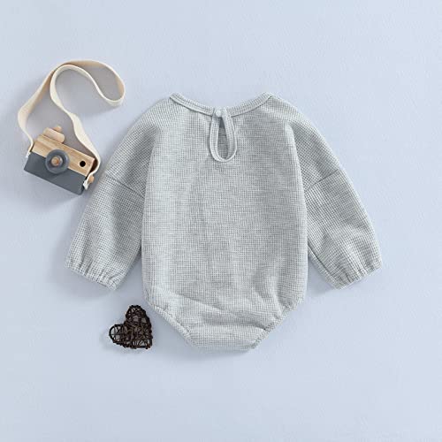 Xiaodriceee Newborn Baby Boy Girl Romper Long Sleeve Bear Front Pocket Waffle Knit Bodysuit Top Fall Winter Clothes (Grey,0-6 Months) #TOP2