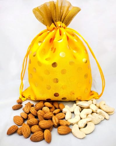 Image of 13CM X 18CM Small Drawstring Bags Pouches Potli for Gift Wedding Jewelry Packaging Bridal Party Favors for Women (10 Pc Pack, Yellow Color Golden Polka Dot)