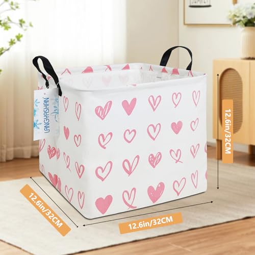 Image of Square Storage Baskets Children Shelves Gift Toy Organizer Room Pink Heart | Laundry Hamper Collapse Canvas with Handles for Organizing Home Kitchen Children Toys Office Closet Shelf