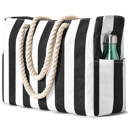 Image of Becokan Women's Pool Swim Bag - Waterproof Sandproof Large Stripe Beach Tote with Zipper