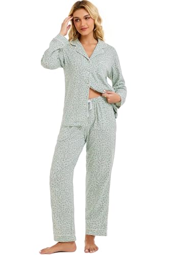 Image of LUBOT 100% Cotton Pajamas for Women Pajama Set 2 Piece PJ Sleepwear Set Soft Ladies Button Knit Long Sleeve Loungewear XS-XXL