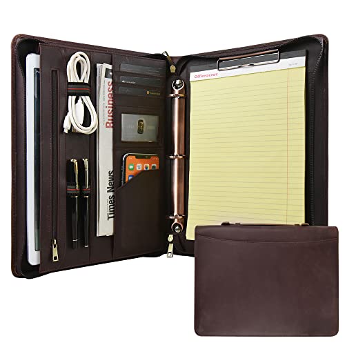 Azxcg Leather Portfolio For Men, 3 Ring Binders Padfolio, A4 Legal Pad Holder, Zippered Leather Planner, Gift For Her, Darkbrown #TOP8
