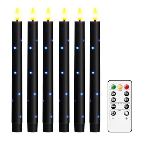Image of kakoya Real Wax Flameless Taper Candles with Remote Timer,6 Pcs Taper Battery Operated Candle,9.6 Inches LED Candles with Embedded Star String for Home Decor Holiday Party,Black