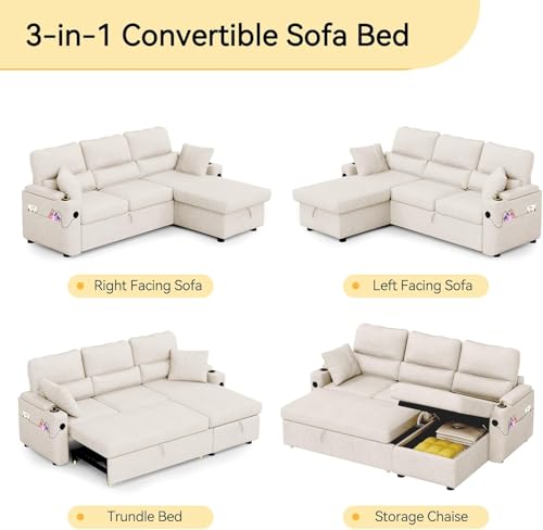 Image of Pull Out Couch, L Shaped Convertible Sleeper Sofa Bed with Hidden Storage for Living Room Apartment, 3-in-1 Linen Sectional with Side Pocket, Charging Station, Cup Holder(Beige