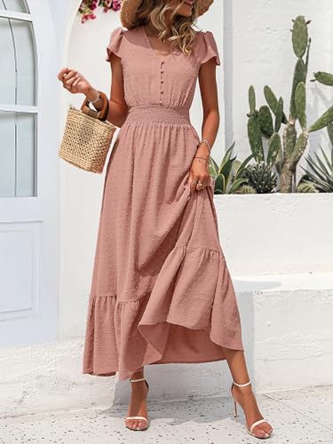 Image of PRETTYGARDEN Womens Dresses 2026 Summer Maxi Dress Boho Short Sleeve V Neck Swiss Dot Ruffle Tiered Smocked Flowy Long Dress