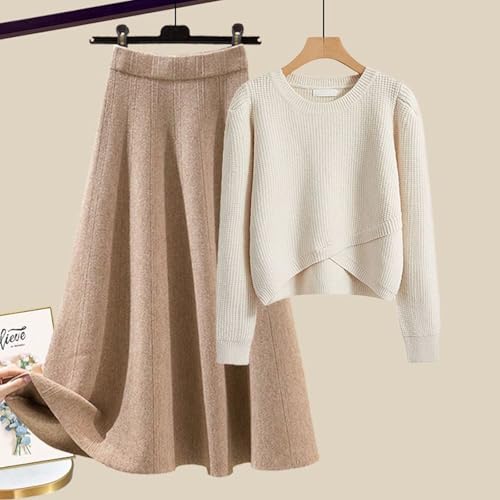 Ensemble tricoté jupe et pull asymétrique beige pour femme - 2