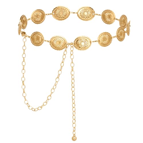 Gold Western Belt for Women Chain Belt Daisy Hollow Flower Boho Waist Belts Adjustable Metal Waist Chain Cowgirl Belts for Women Dress Tshirt
