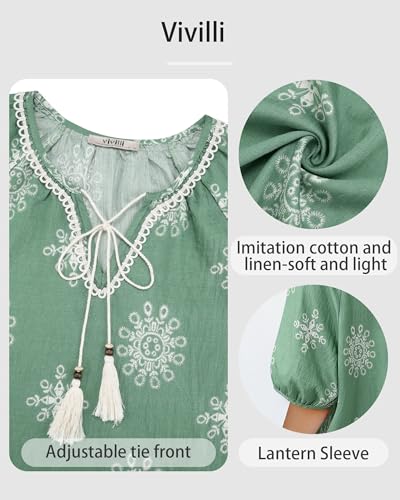 Vivilli Boho Tops for Women, Trendy Tops for Women 2026 Summer Blouses V Neck Floral Short Sleeve Shirts Flowy Cotton Linen Casual Holiday Clothing Spring Hawaiian Beach Vacation Clothes Light Green M