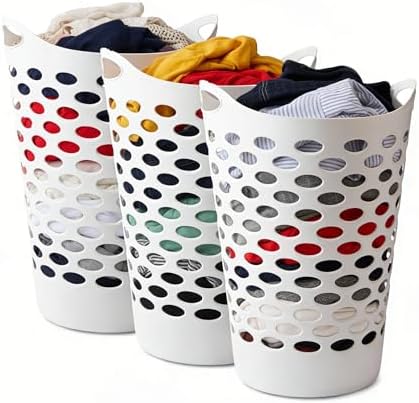 3 Pack Round Tall Plastic Laundry Basket with Handles, Lightweight & Flexible, 2.2 Bushels Large Capacity, Easy to Clean, Space Saving Laundry Hamper for Bedroom, Dorm, Bathroom, White
