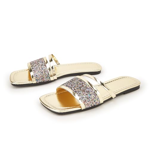 Image of Women's Open Toe Flat Sandals Rhinestone Glitter On Casual Fashion Slippers Quick Drying Indoor & Outdoor Slides