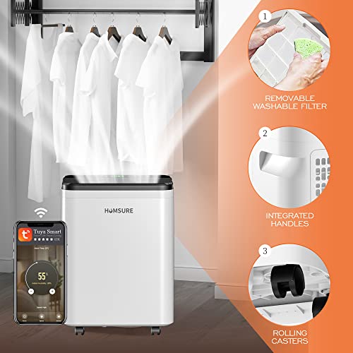 Humsure Wifi Dehumidifier For Basement,Dehumidifiers For Home. 70 Pint 4500Sq Ft Intelligent Wifi Dehumidifier, Portable Dehumidifier With Drain Hose And 5L Water.tuya App. #TOP2