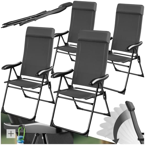 tectake® Set 4 Sedie Campeggio Pieghevoli, Schienale Regolabile 7 Posizioni, Alluminio Inossidabile, Textilene Traspirante, Braccioli Ergonomici, Cuscino Poggiatesta Rimovibile Antiscivolo - Antracite