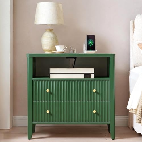 Image of Fluted Nightstand with Charging Station Set of 2, 27.3 inch Tall Modern Bedside Table with 2 Drawers & Open Shelf, Large Wide Wood End Table with Storage & Metal Handle for Bedroom, Green