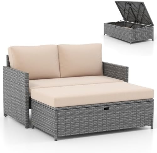RELAX4LIFE Wicker Patio Outdoor Daybed - Rattan Sunbed Loveseat with 31 Gallon Storage Ottoman & Cushions, 2-Piece Patio Furniture Sofa Set for Pool Backyard Porch Balcony, 2-Person Bed Lounger