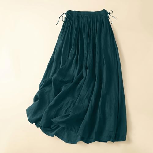 Women Cotton Linen Skirt Elastic Waist Plain Long Maxi Retro Casual Pleated Flowy Beach Vacation Swing Long Skirt4
