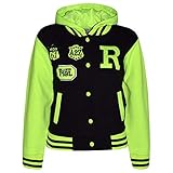 Kids Girls Boys R Fashion Baseball Black Neon Green Hooded Jacket Varsity Hoodie