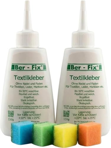 Ber-Fix Textilkleber Set 2x150g inkl. 4 Mini-Schwämme – Stoffkleber für Jeans, Baumwolle, Leinen, Leder – transparent, flexibel, wasserfest, waschmaschinenfest 95°C, bügelfest 180°C