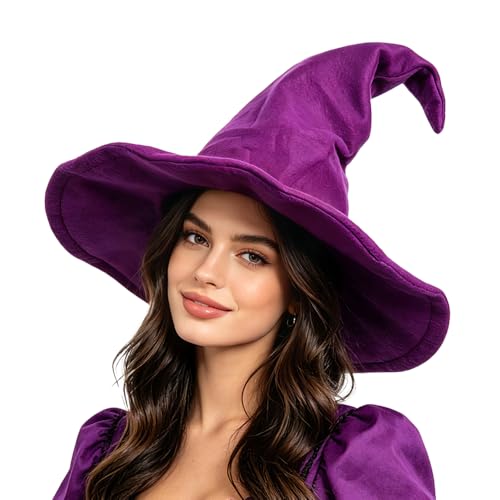 NTIERA 18 Inch Wide Brim Witch Hat for Women Adults Soft Pointed Wizard hat Halloween Costumes Witch Costume Women Wicked Black Elphaba Hat for Party and Stage (Purple)