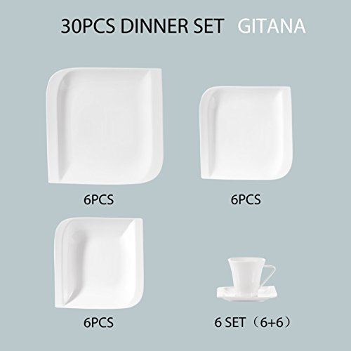 Foto von vancasso Gitana 30-teilig Geschirrset aus Weißem Porzellan, Eckiges Kombiservice, mit je 6 Kaffeetassen, Untertassen, Dessertteller, Essteller und Suppenteller für 6 Personen