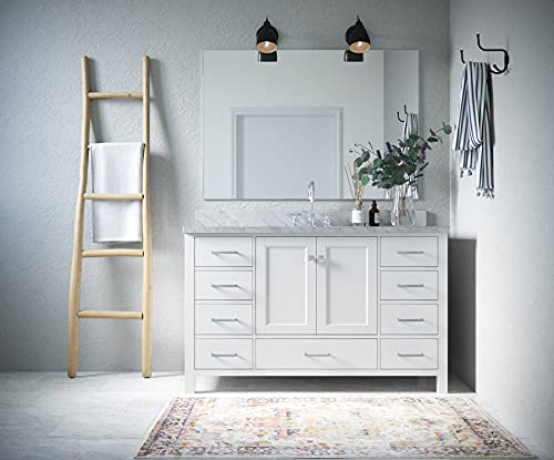 Dkb Beckford Series 55" Inch Single Oval Sink Bathroom Vanity Cabinet In White | Carrara White Marble Countertop | 2 Soft Closing Doors | 9 Full Extension Dovetail Drawers | No Mirror #TOP4