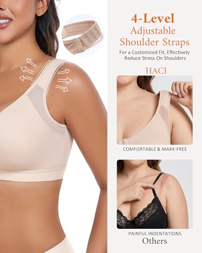 Image of HACI Women's Front Closure Posture Bra Full Coverage Back Support Everyday Wireless Comfy Unpadded Cup
