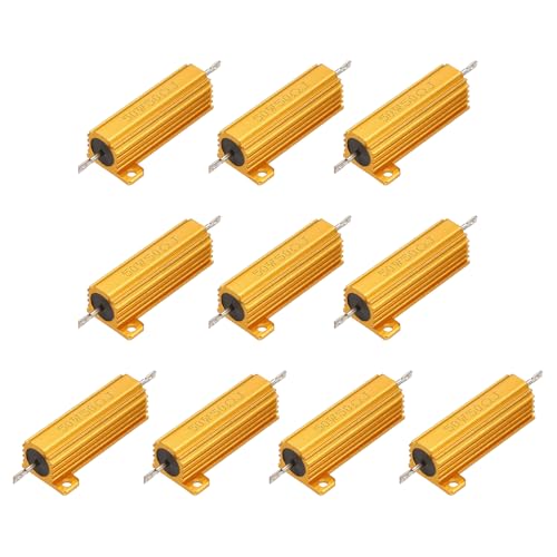 Image of sourcing map 10pcs 50W 50 Ohm 5% Aluminum Housing Case Resistor, Wirewound Resistors Screw Tap Chassis Mounted, Gold