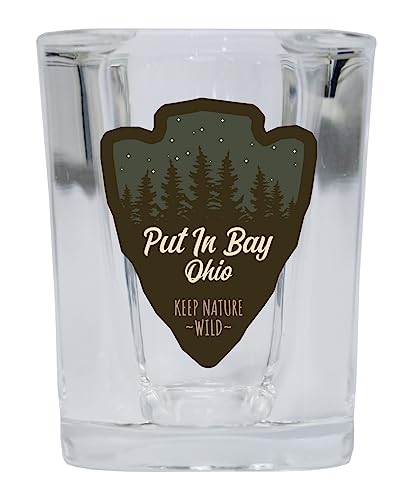 R and R Imports Put In Bay Ohio Camping Souvenir 2 Oz Shot Glass Square Base Arrowhead Design Single