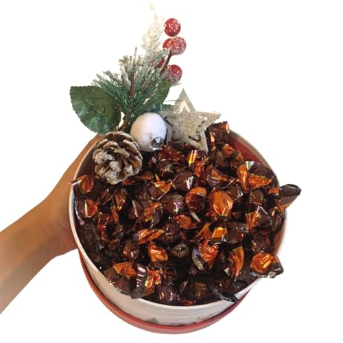 NARAMAKI® Ideas de regalo de Navidad - Caja redonda de Navidad 17 cm + 150 g - Cereales Croc Recubiertos de chocolate con leche + rama de bayas decorativa - Caja de regalo (150 g CIOCOCROC)