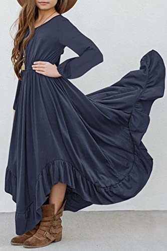 Mitilly Girls Boho Lace Flower Backless Crew Neck Long Sleeve Ruffle Swing Maxi Dress With Pockets 12 Years Db #TOP3