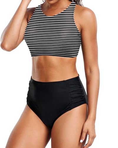 Holipick Women High Waisted Two Piece Bikini Set Racerback Bathing Suit Sporty Crop Top with Bottom for Teen Girls3