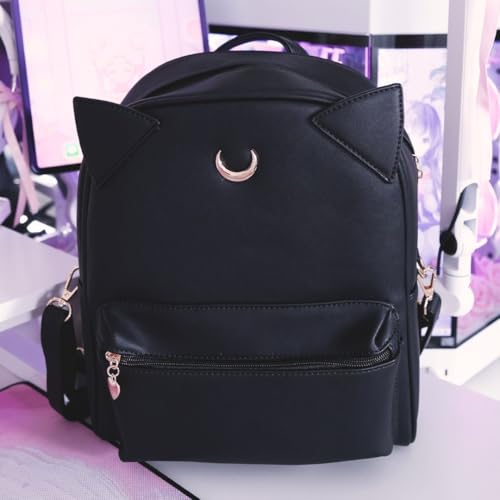 BelugaDesign Moon Backpack | Cute Black Anime Cat Ears | School Supplies Work Cosplay Book Handbag Bag | Faux Leather for Girls Teens Women | Adjustable Shoulder Strap with Top Handle & Pockets by BelugaDesign - Used condition - Image 4