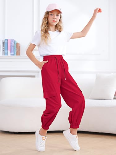Image of Girls Cargo Pants Elastic Waist Casual Jogger Pants for Girls Streetwear Loose Parachute with Pockets 7-14Years