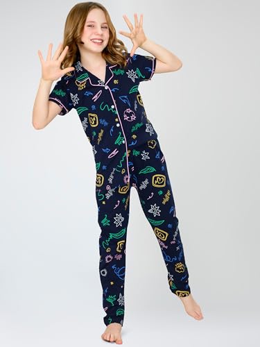 Image of ZEYO Night Suit for Girl's Printed Cotton Night Dress of Shirt and Joggers Set 5532
