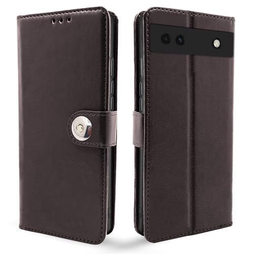 Image of Pikkme Google Pixel 6a Flip Cover Leather Finish | Inside TPU with Card Pockets | Wallet Stand and Shock Proof | Complete Protection Button Flip Case (Coffee)