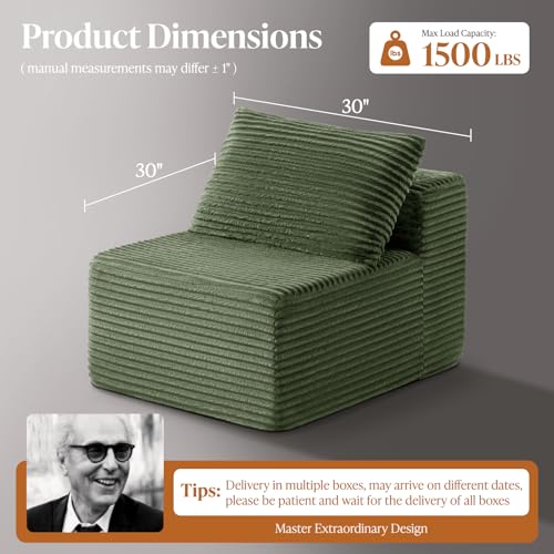 Image of 30 inch Cloud Sectional Couch Single Seat for Living Room, Extra Deep Seats No Assembly, Minimalist Modular Couch, Corduroy (Olive Green, Single Seat)