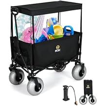 Nice C Beach Wagon with Canopy, Beach Cart with Ballon Wheels for Sand, 9 Big Sand Wheels, 220 lb Capacity, Adjustable Handle, for Camping, Groceries