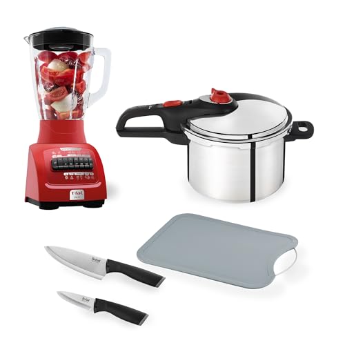Consejos para Comprar Olla express tefal los 5 mejores. 42 T-fal Set Gourmet para Salsas con Olla a presión Secure Alu de 6L + Licuadora Infinyforce XL Roja + Tabla para cortar + Set de 2 cuchillos, P2614632ME